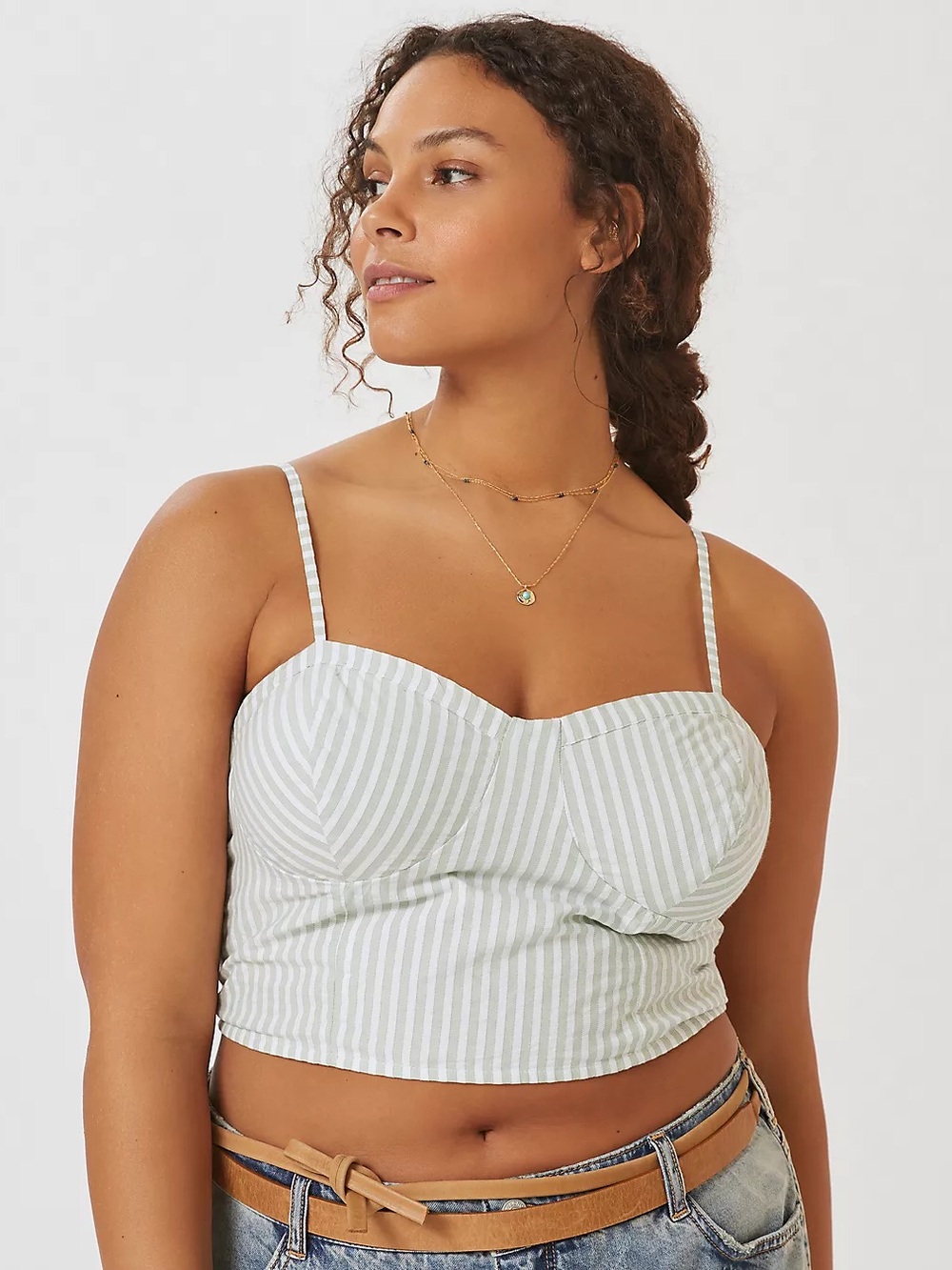 Anthropologie Sage Green Stripped Bustier Cropped Top Women’s Size Small